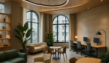 Stilfuldt loungeområde med sofaer, runde borde, grønne planter og store buede vinduer, der giver naturligt lys.