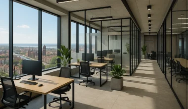 Et lyst og moderne kontorlokale med store glasvinduer, der giver panoramaudsigt over en historisk by med flod og kirketårne. Kontoret har åbne arbejdsstationer, glasvægge, grønne planter og minimalistisk indretning.