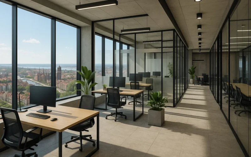 Et lyst og moderne kontorlokale med store glasvinduer, der giver panoramaudsigt over en historisk by med flod og kirketårne. Kontoret har åbne arbejdsstationer, glasvægge, grønne planter og minimalistisk indretning.