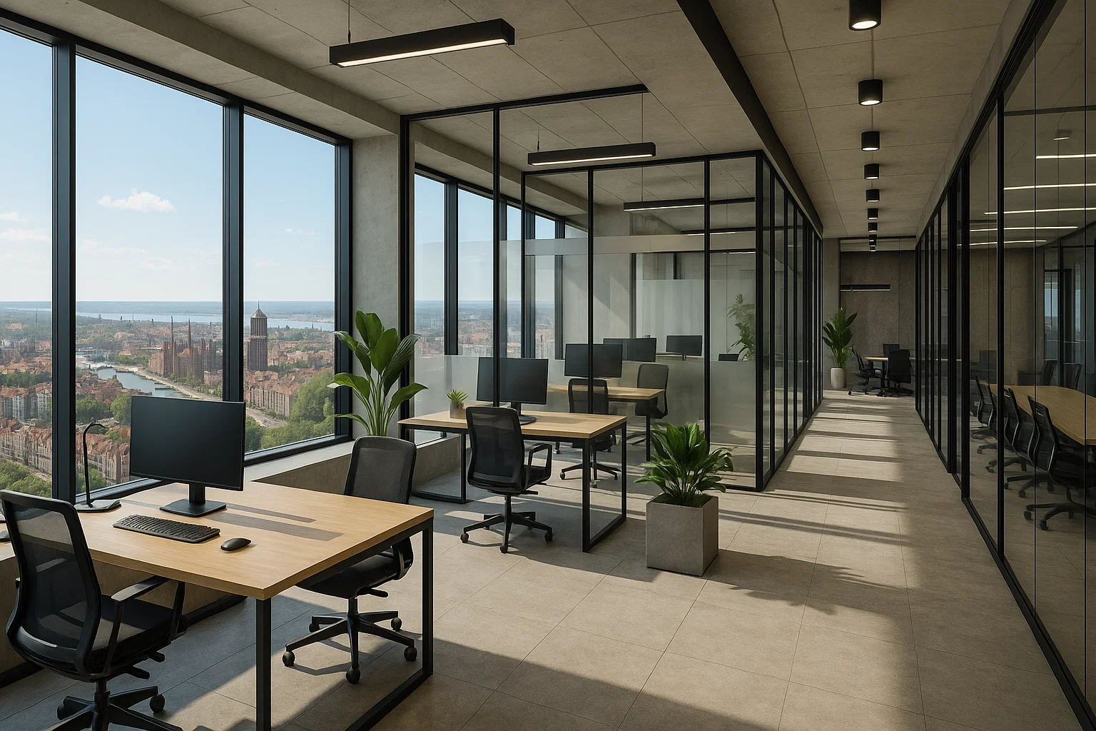 Et lyst og moderne kontorlokale med store glasvinduer, der giver panoramaudsigt over en historisk by med flod og kirketårne. Kontoret har åbne arbejdsstationer, glasvægge, grønne planter og minimalistisk indretning.