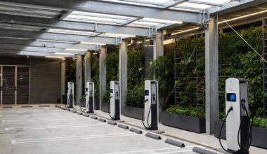 Luftfoto og indendørsbillede af et stilrent, moderne parkeringshus med flere hvide og sorte elbil-ladestationer placeret ved parkeringsbåsene.