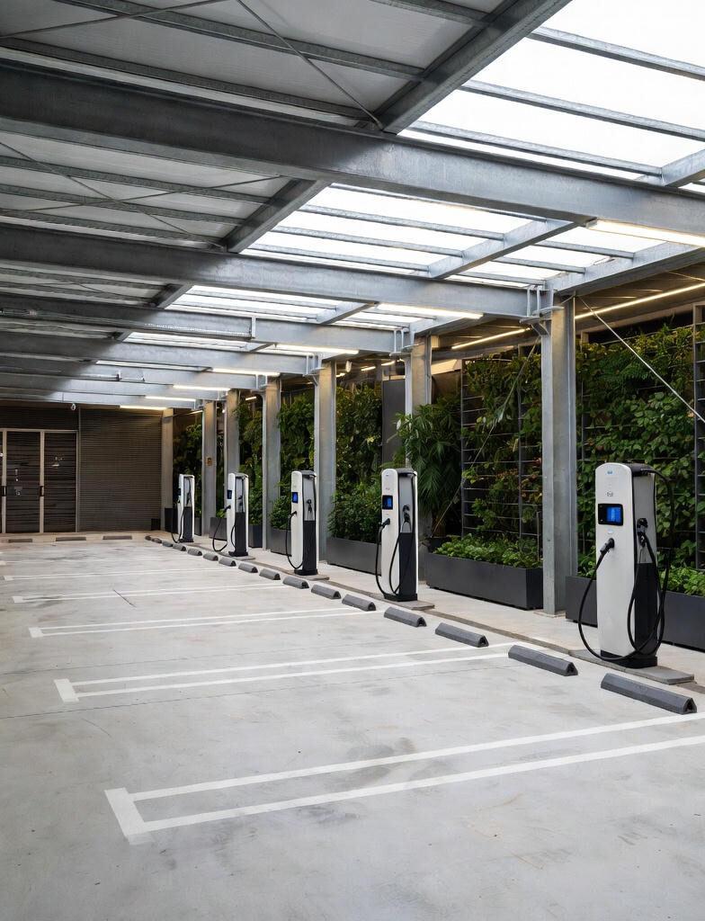 Luftfoto og indendørsbillede af et stilrent, moderne parkeringshus med flere hvide og sorte elbil-ladestationer placeret ved parkeringsbåsene.